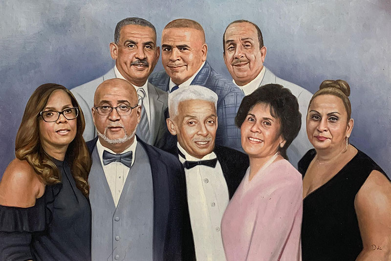 Painted portrait of eight people, five men and three women, posed for a group photo.