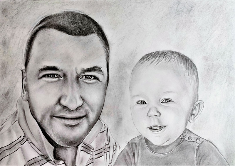 Custom charcoal drawing of an adult with a baby