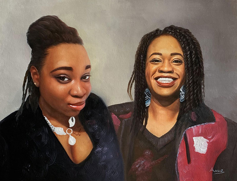 Painting of two smiling Black women.