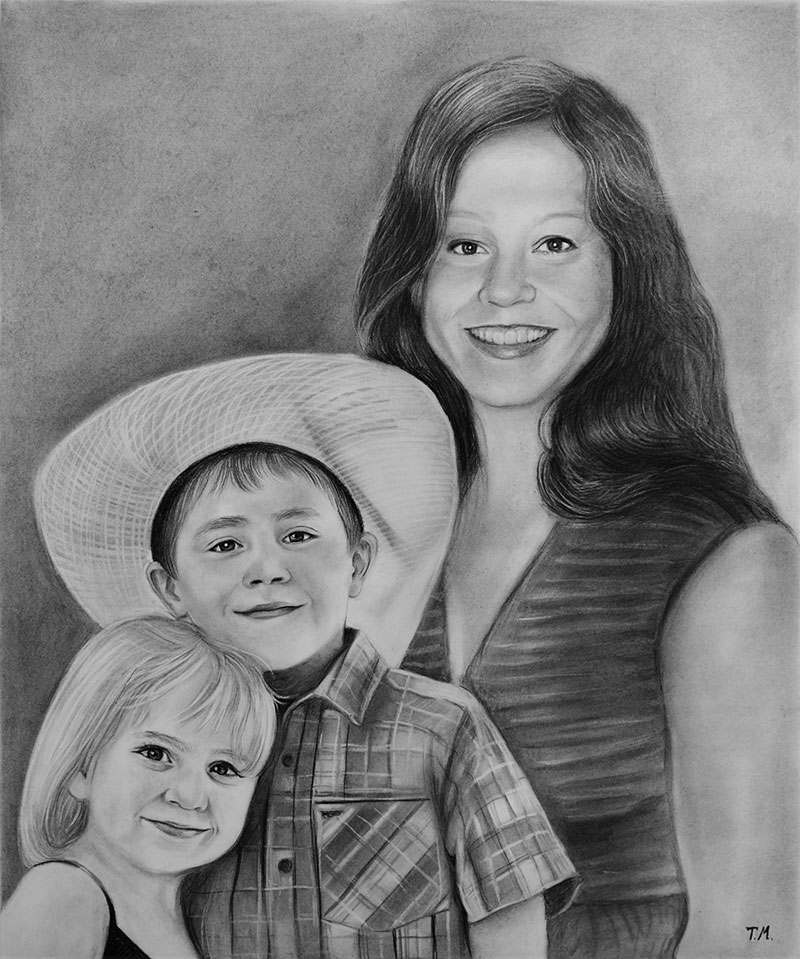 Beautiful charcoal drawing of a happy family