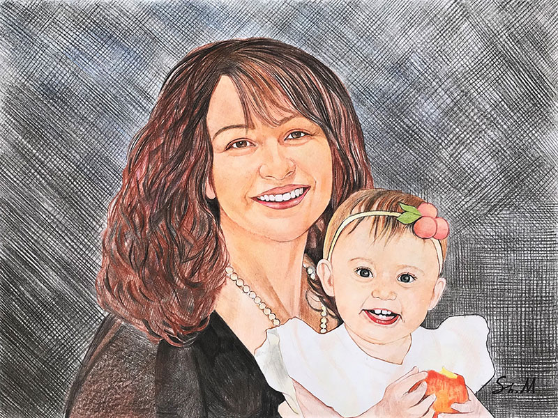 Beautiful color pencil drawing of a mother and child