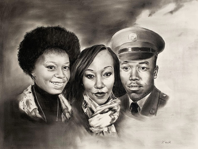 Beautiful charcoal drawing of a happy family