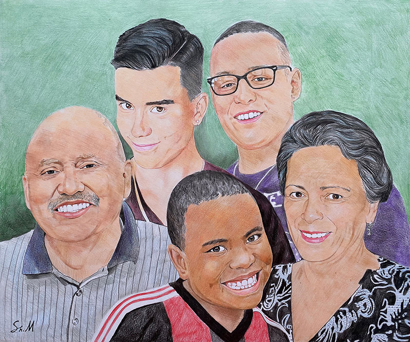 Beautiful color pencil drawing of a happy family