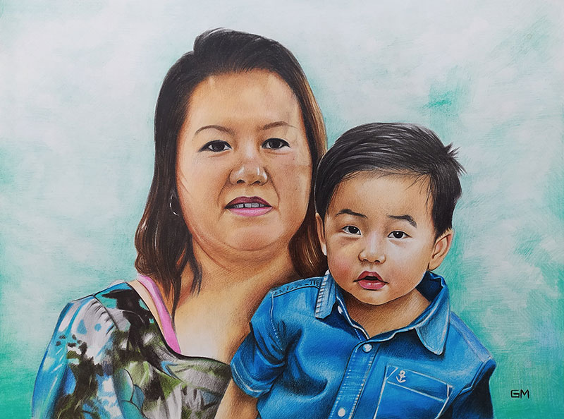 Beautiful color pencil drawing of a mother and son
