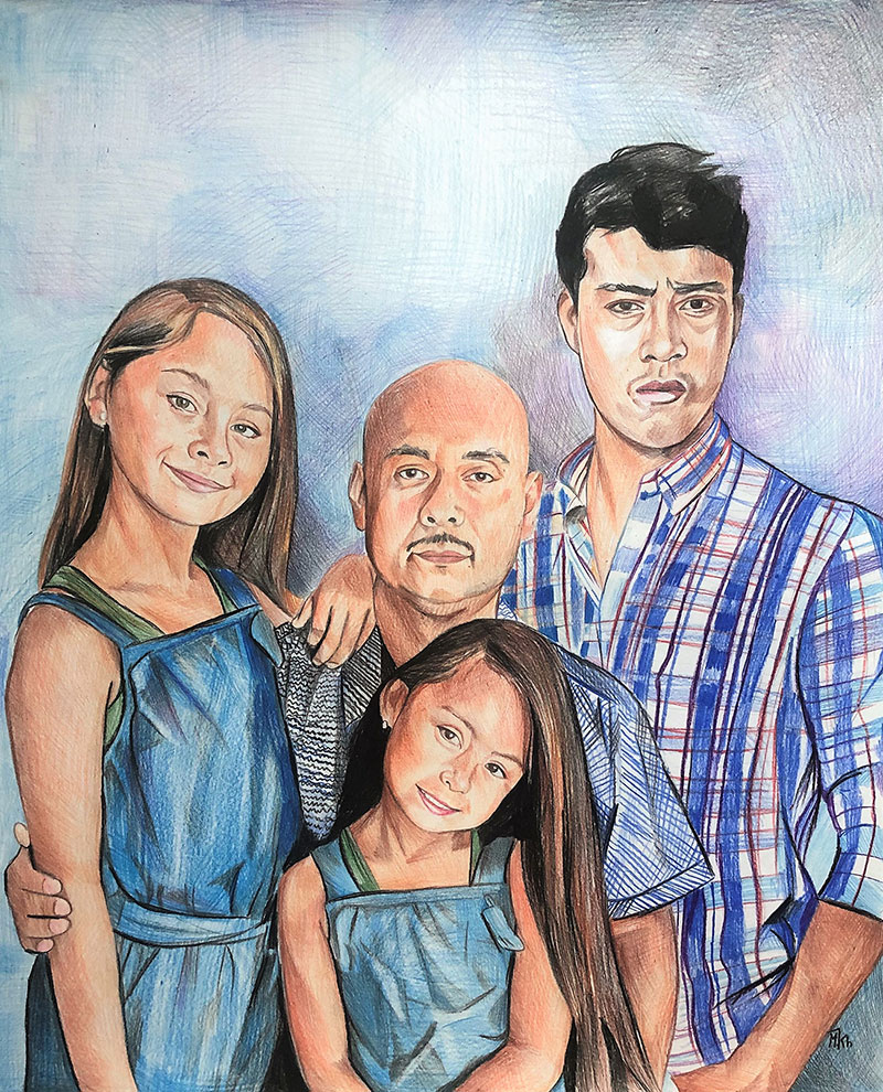 Beautiful color pencil drawing of a happy family