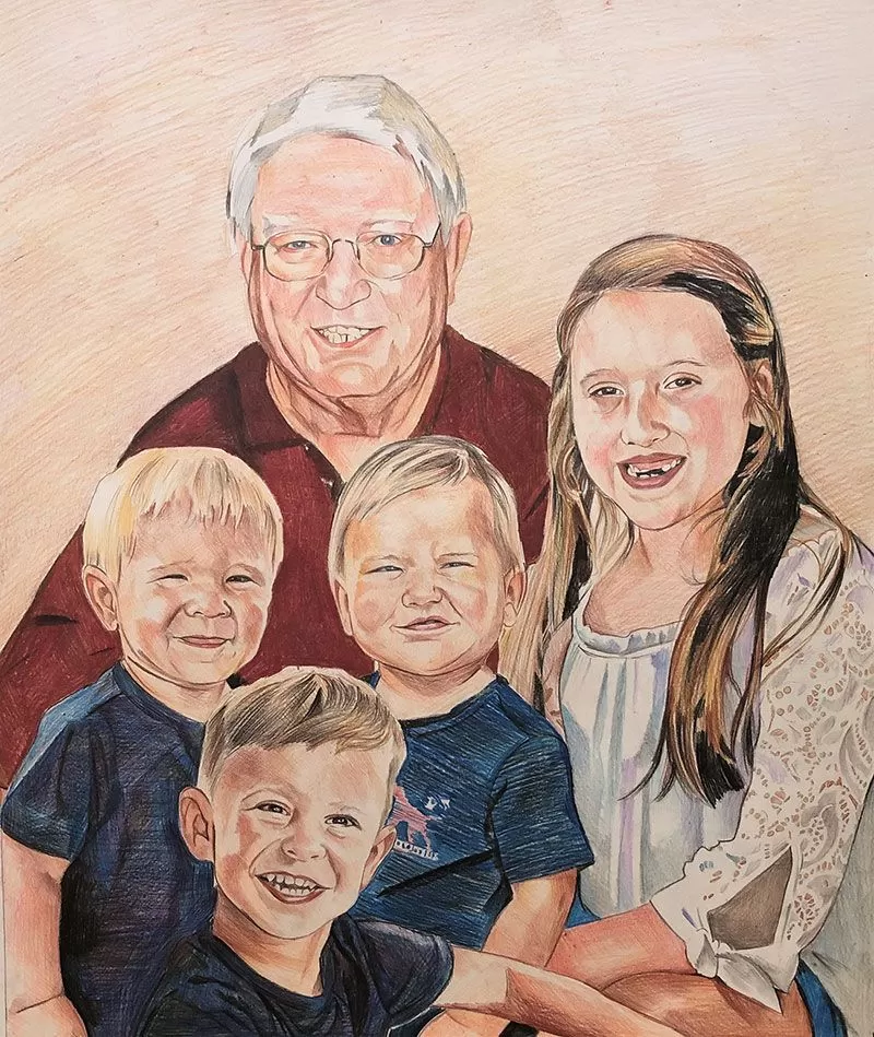 Beautiful color pencil drawing of a happy family