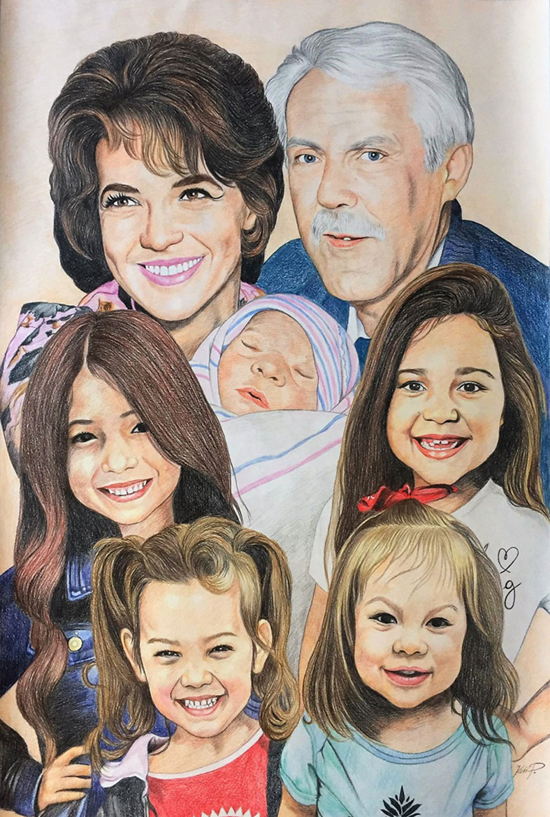 Beautiful color pencil drawing of a happy family