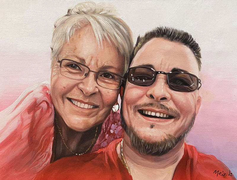 Painting of a smiling woman and man in red shirts.