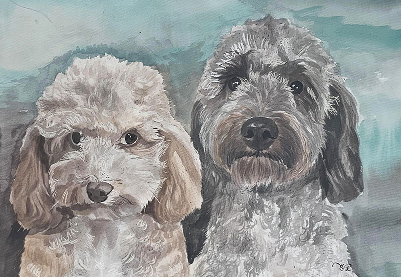 Beautiful handmade watercolor painting of two dogs