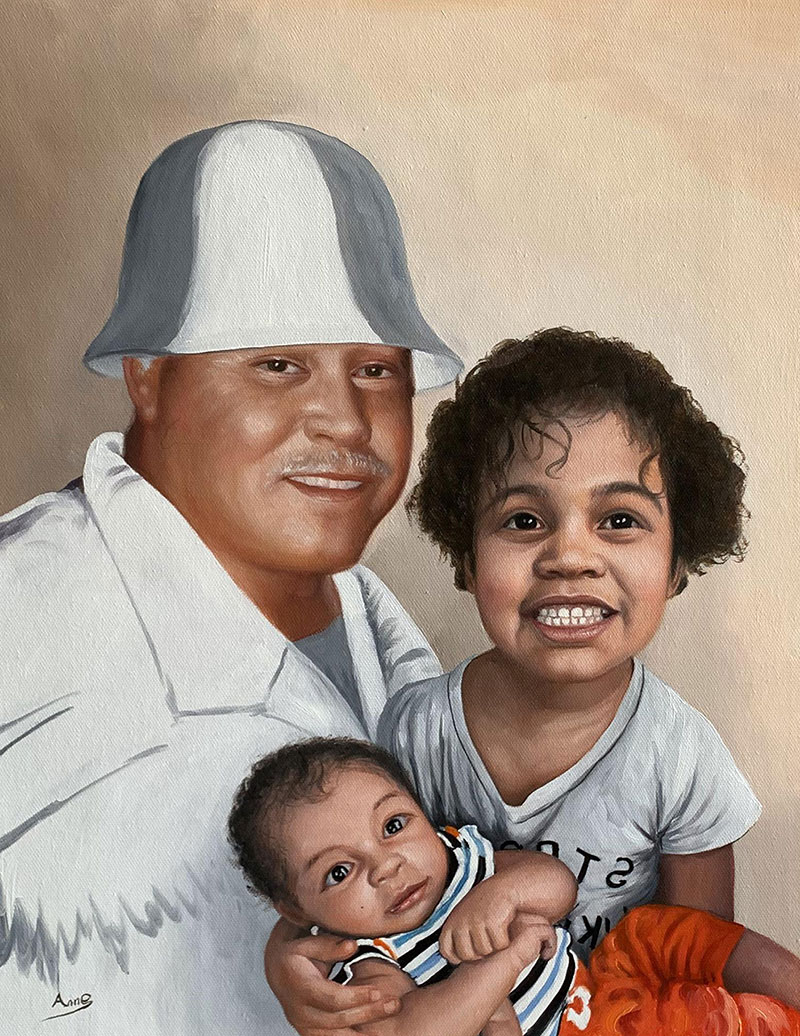 Painting of a man in a hat holding two young children.