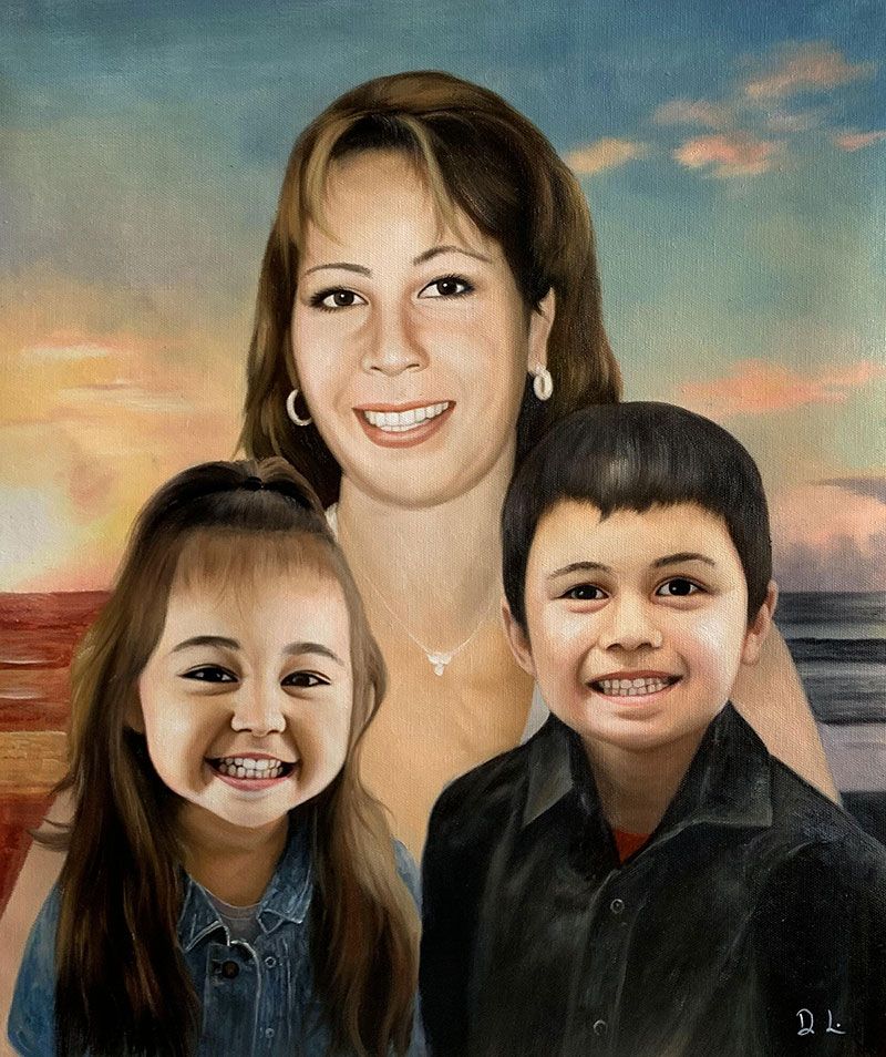 Oil painting portrait of a mother with her young daughter and son, sunset background.