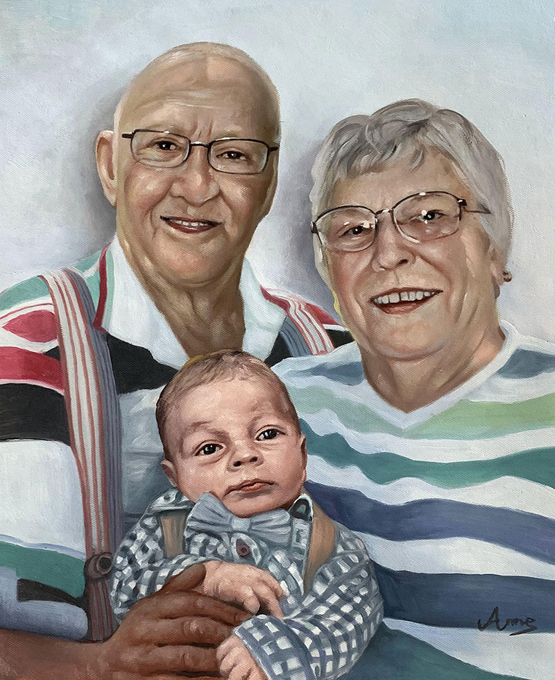 Painted portrait of grandparents holding a baby.