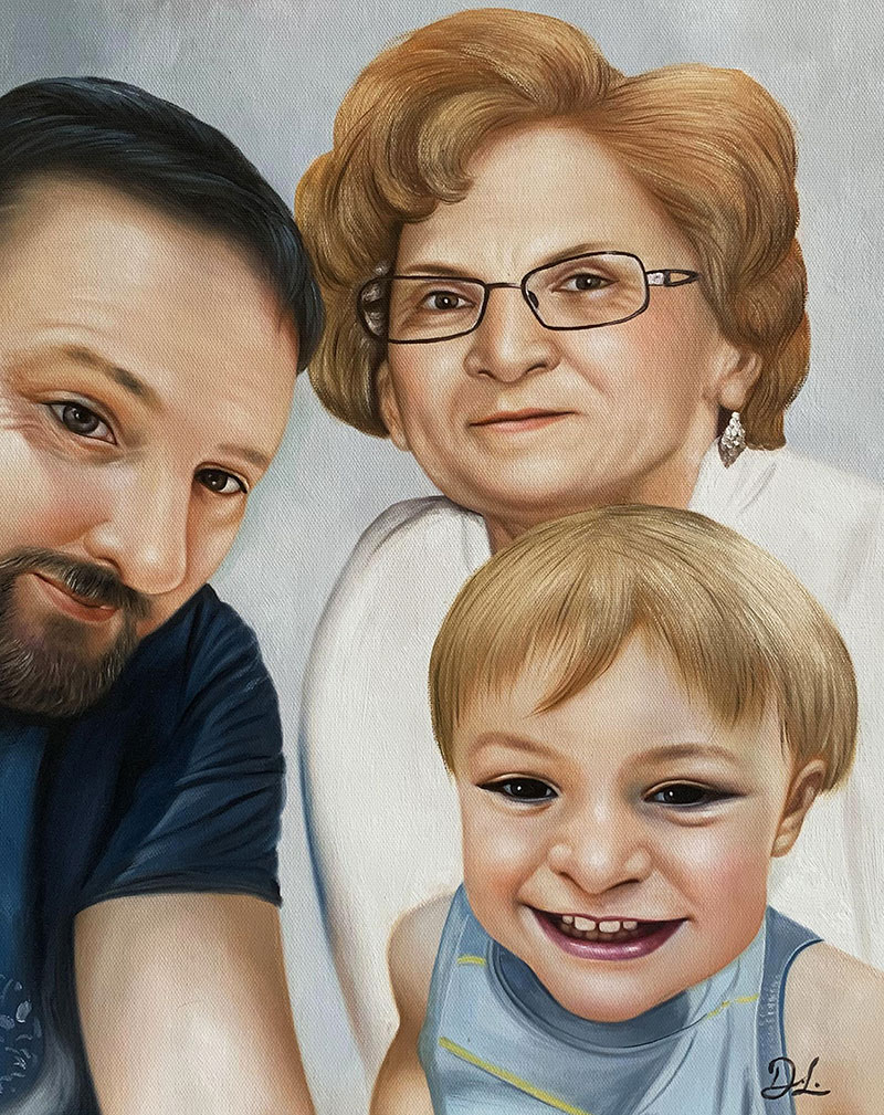 Painted portrait of a man, woman, and young boy.