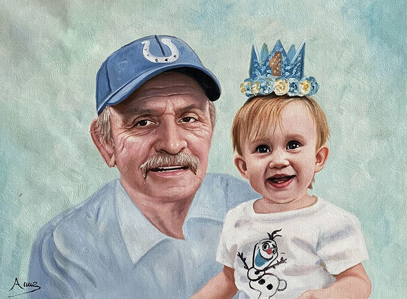 Custom acrylic painting of an elder man with a baby girl