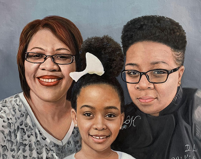Painted portrait of three Black women: a mother, daughter, and granddaughter.
