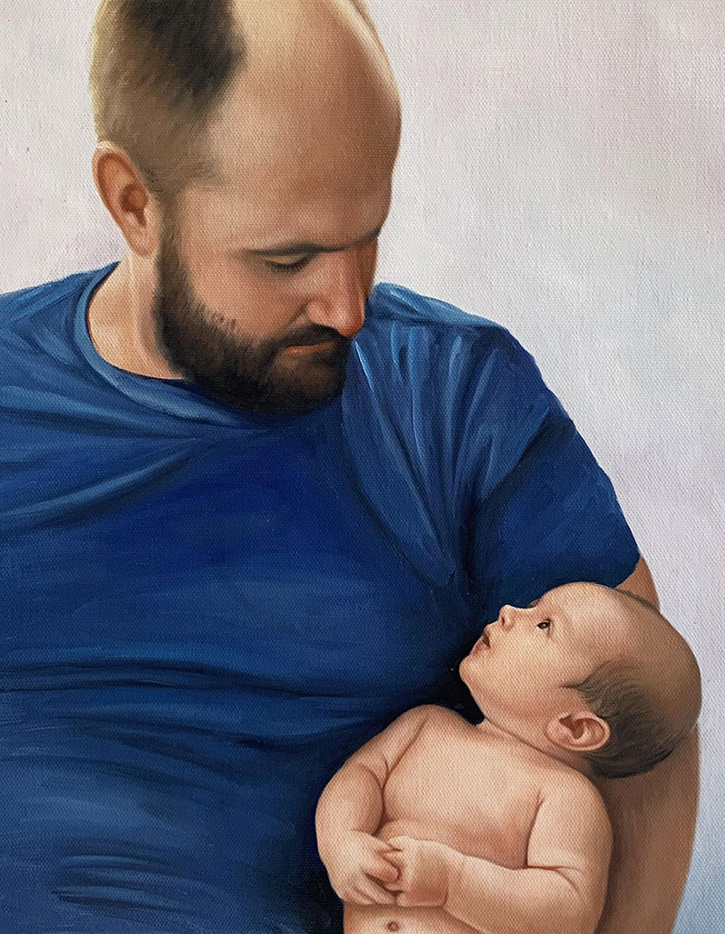 Painting of a father holding his newborn baby.