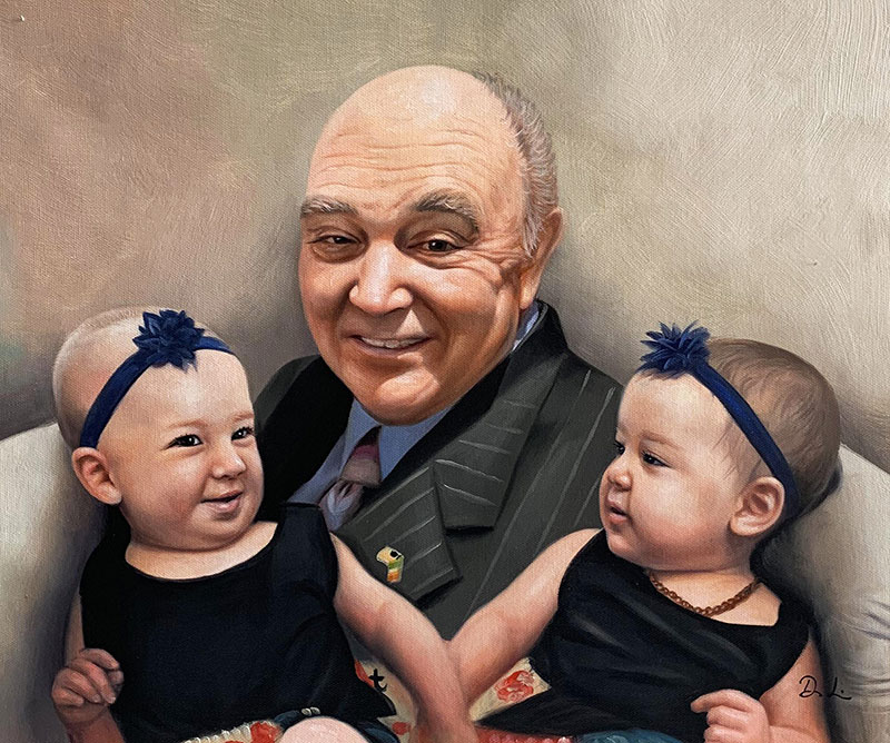 Beautiful acrylic painting of a grandfather with twin girls