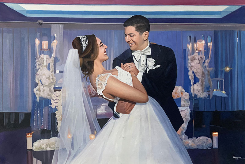 Gorgeous handmade acrylic painting of a just married couple