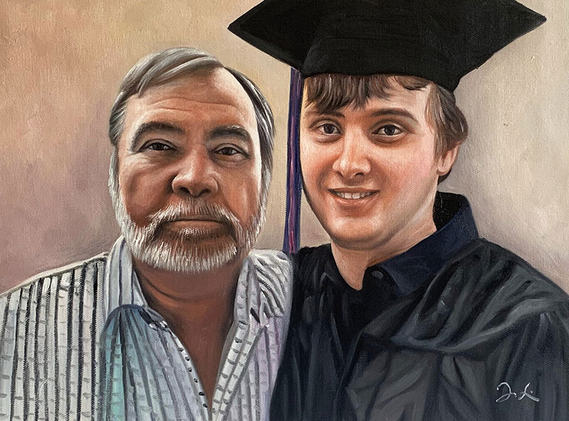 Custom handmade acrylic painting of a graduate with a father