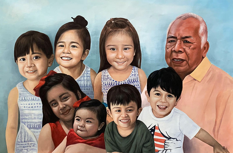 Beautiful handmade painting of a grandfather with kids