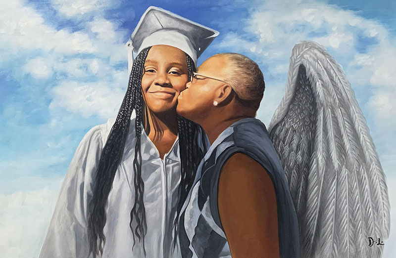 Gorgeous memorial painting of a mother kissing daughter