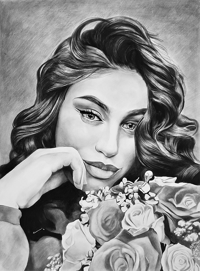 Gorgeous handmade close up charcoal portrait of a lady