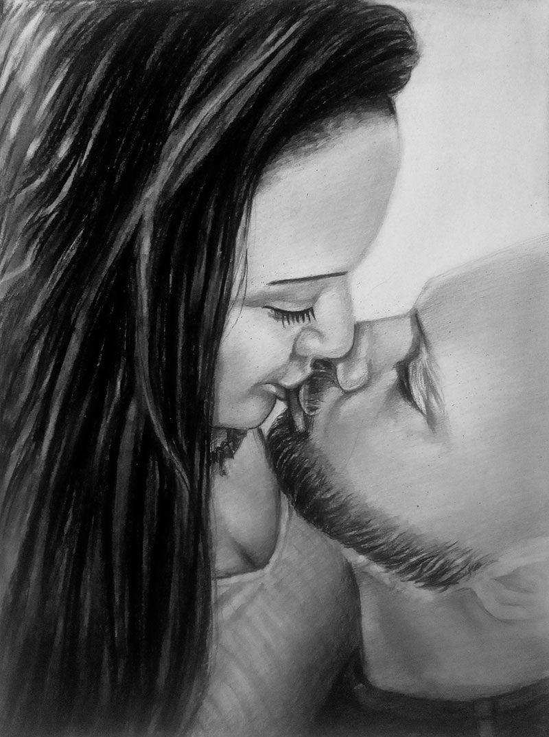 Beautiful charcoal drawing of a kissing couple