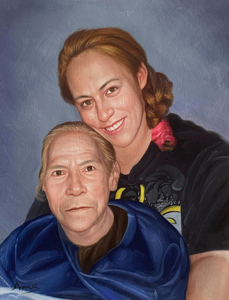 Painted portrait of a woman and an older person, possibly mother and daughter.