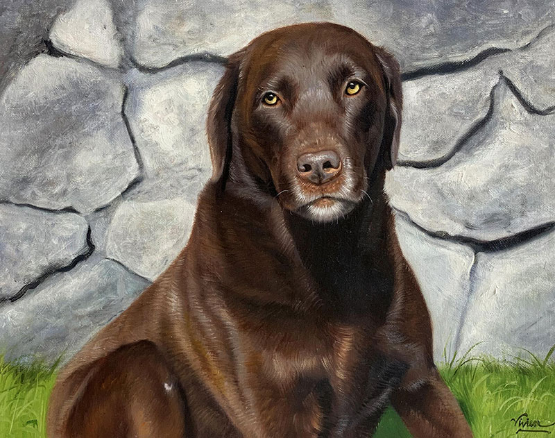 Painting of a chocolate Labrador Retriever sitting in front of a stone wall.