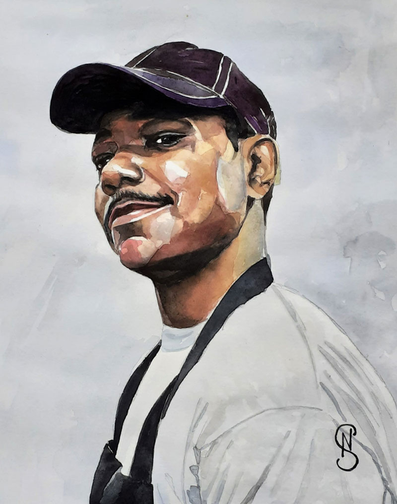 Beautiful watercolor portrait of an adult with a cap
