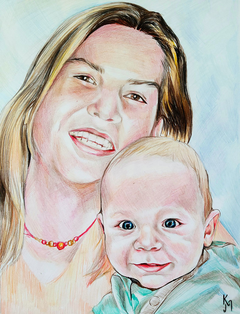 Gorgeous color pencil drawing of a mother and son