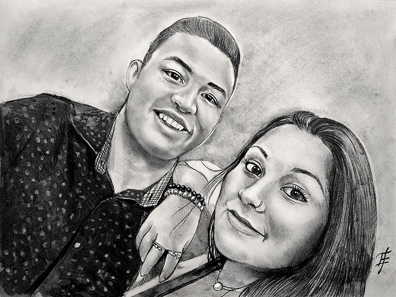 Beautiful charcoal drawing of a loving couple