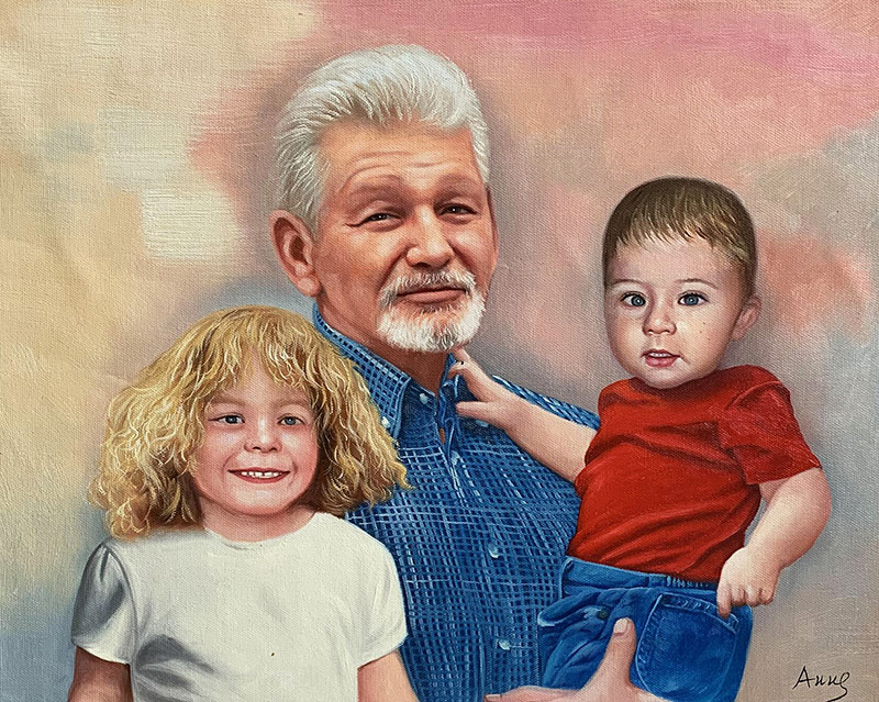 Painting of a grandfather holding a toddler, with a young girl standing beside them.