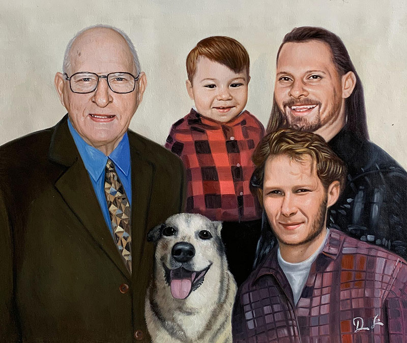 Beautiful oil painting of a happy family with a pet