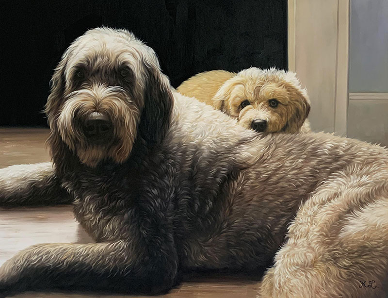 Hyper realistic oil painting of two dogs