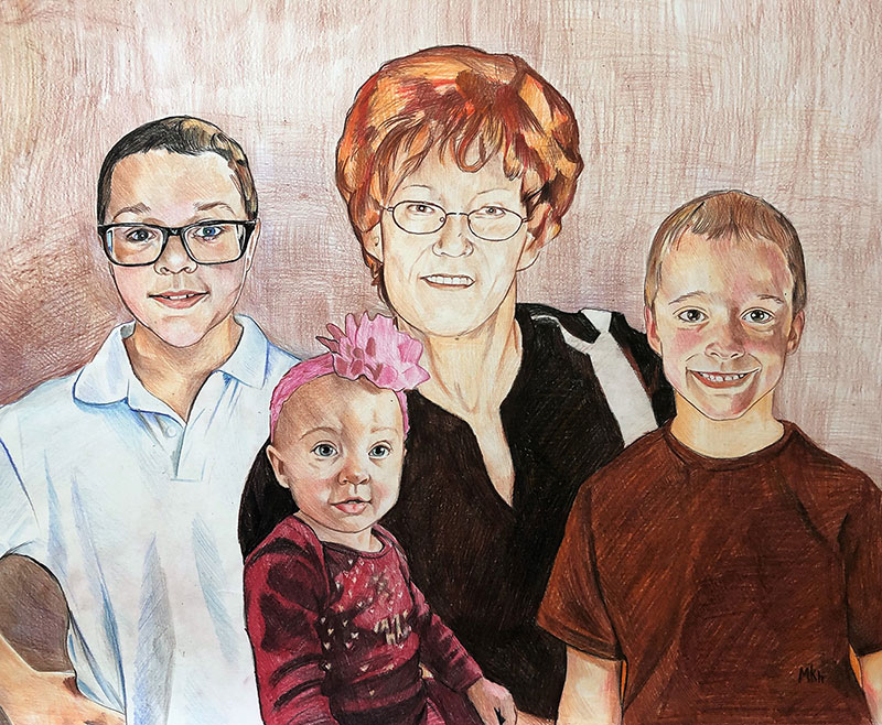 Beautiful color pencil drawing of a happy family