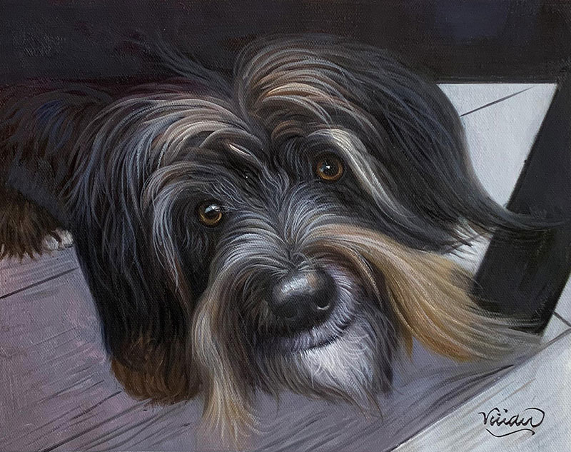 Painting of a long-haired dog looking at the viewer