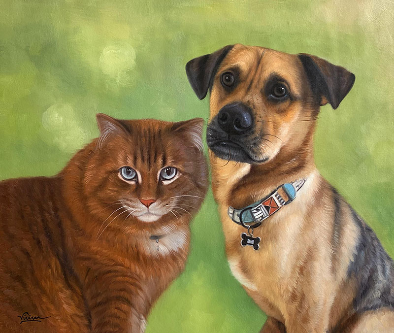 Painting of a brown cat and a tan dog sitting side-by-side.