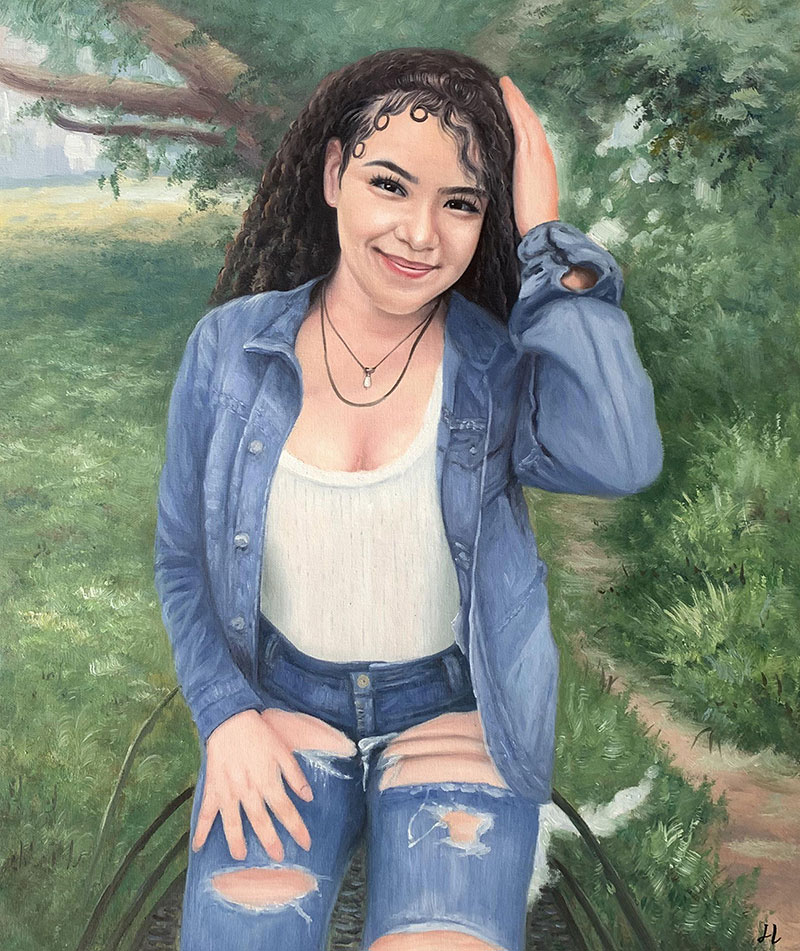 Custom handmade oil portrait of a girl outdoors