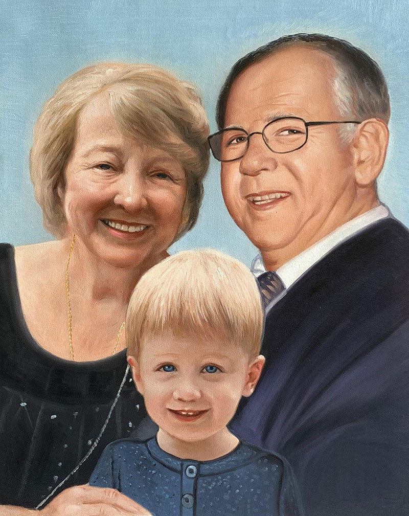 Beautiful oil artwork of grandparents with a grandchild