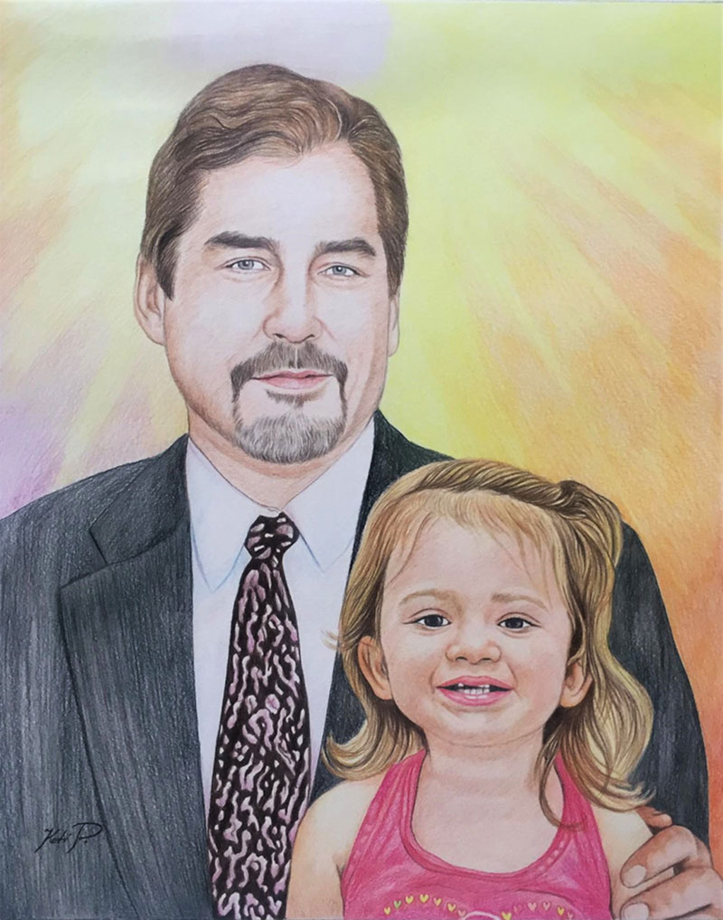 Beautiful color pencil drawing of a father and daughter