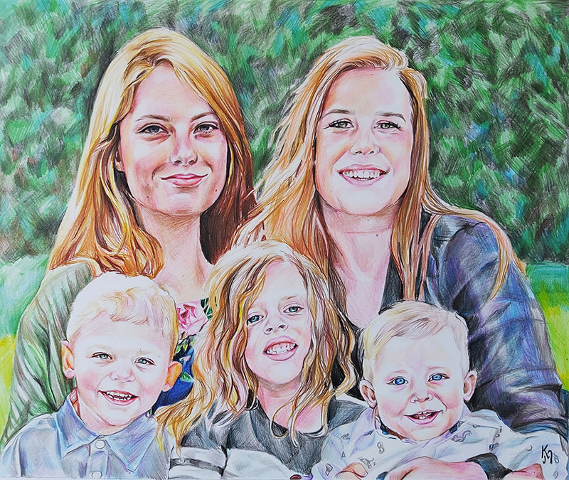 Gorgeous color pencil drawing of a happy family