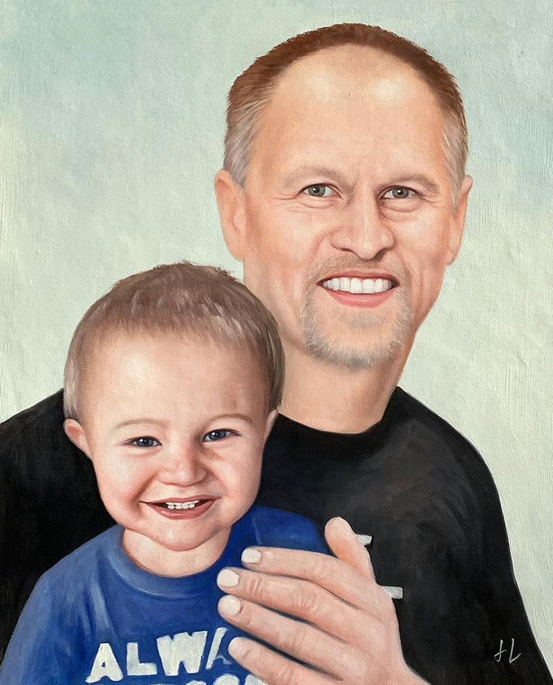 Custom handmade oil painting of a father and son