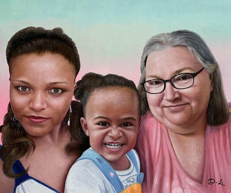 Painted portrait of three generations of women: a young girl, her mother, and her grandmother.