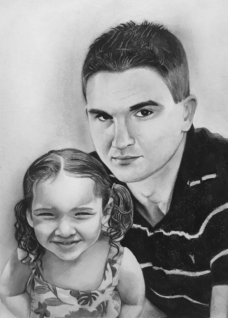 Custom handmade charcoal drawing of a father and daughter