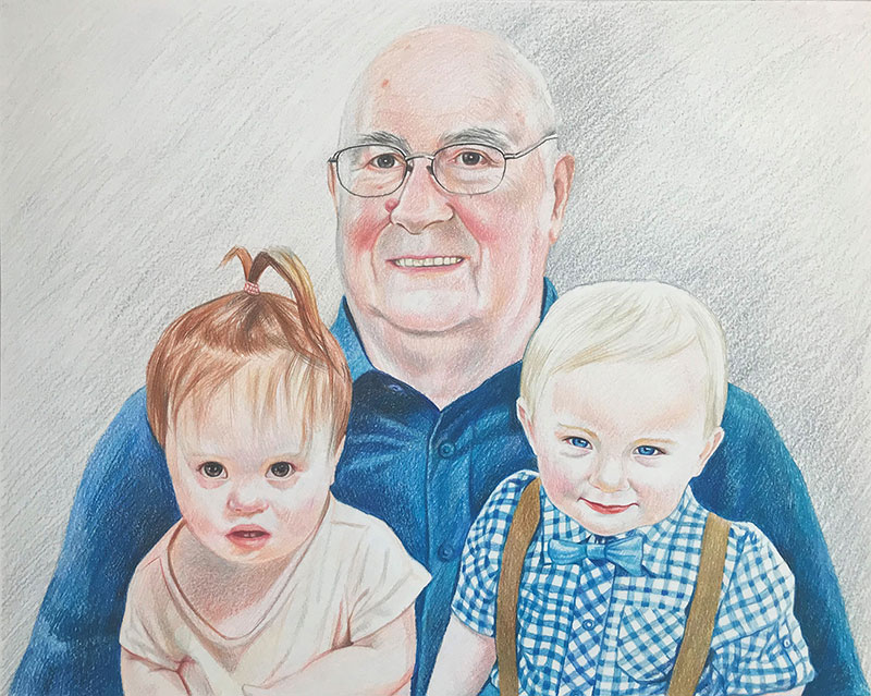 Custom color pencil drawing of an elder man with two kids