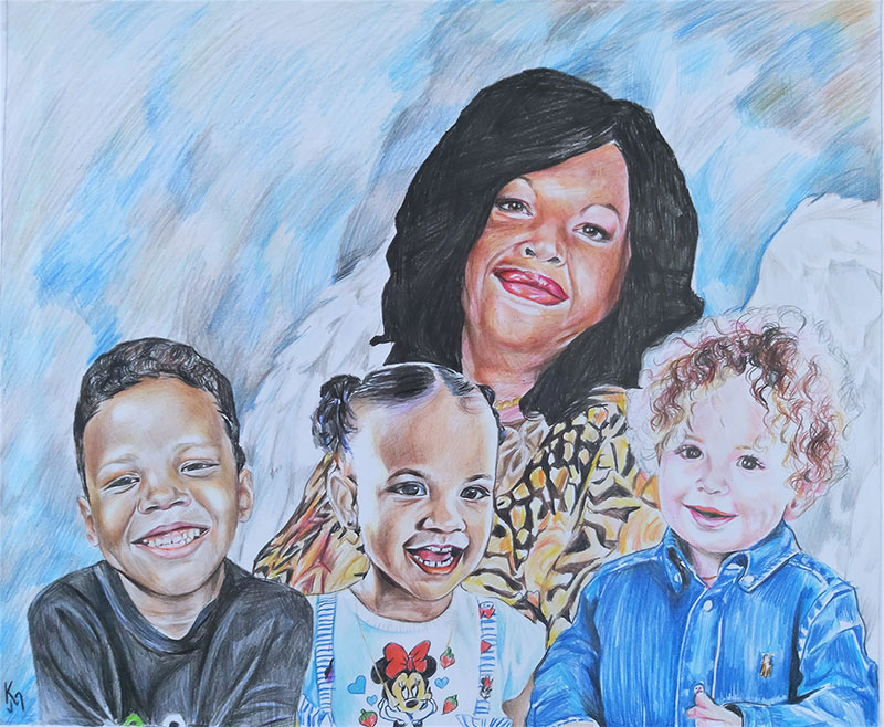 Gorgeous handmade color pencil drawing of a lady with kids