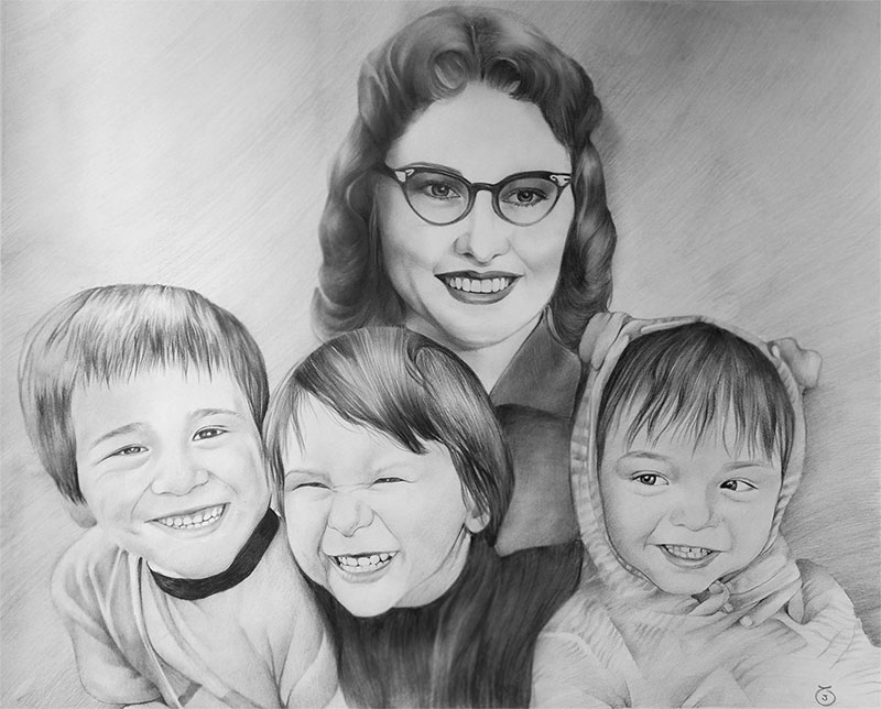 Beautiful black pencil drawing of a family