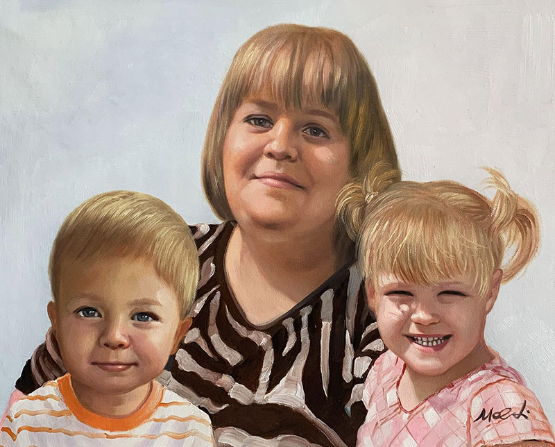 Beautiful oil artwork of a mother with two kids