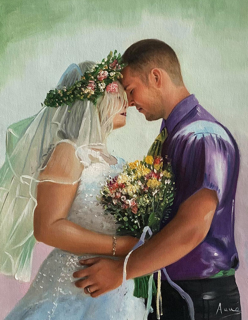 Painting of a bride and groom embracing